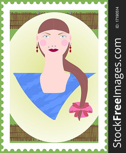 Portrait of a girl in the frame under the postage stamp on the background of the rural landscape. Portrait of a girl in the frame under the postage stamp on the background of the rural landscape.