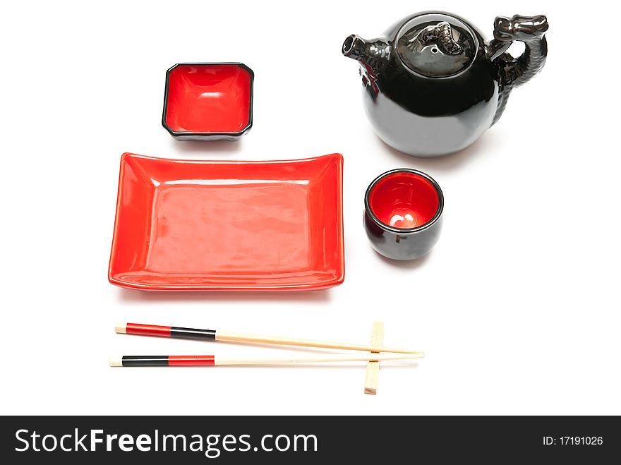 Close up at complete empty sushi set. Isolated on white