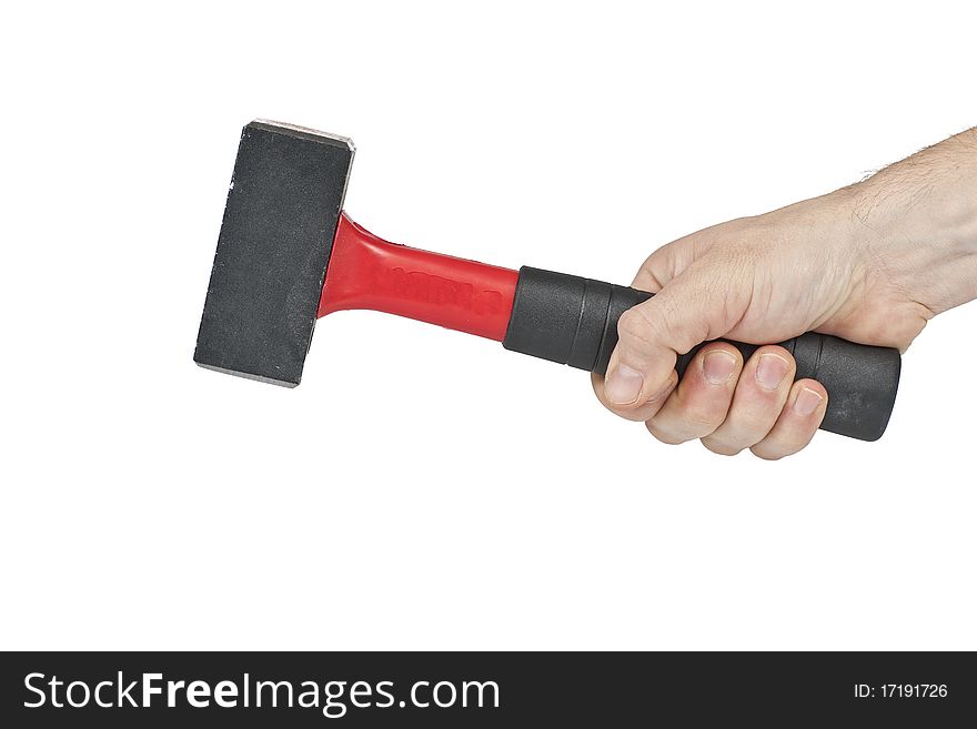 Hammer hold by human hand isolated on white background