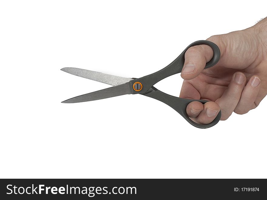 Scissors in hand isolated on white background