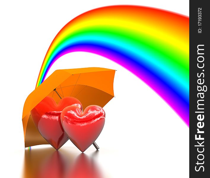 3d image of Rainbow above a two bound hearts and Umbrella