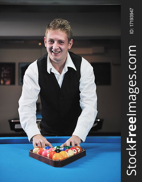 Young Man Play Pro Billiard Game