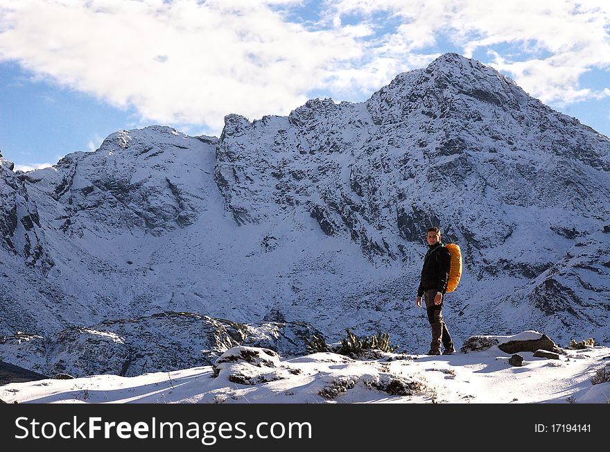 Young tourist standing in the mountain. Young tourist standing in the mountain.