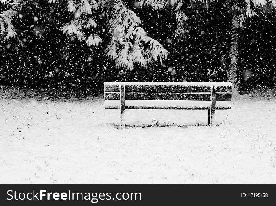 A wooden bench under the falling snow in a cold winter day. A wooden bench under the falling snow in a cold winter day