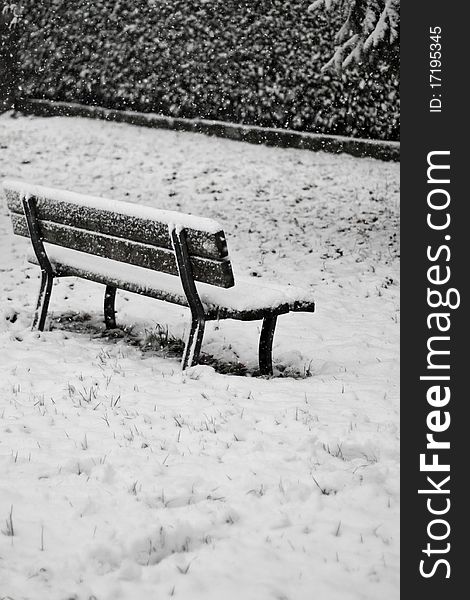 A wooden bench under the falling snow in a cold winter day. A wooden bench under the falling snow in a cold winter day