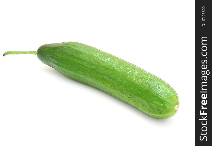 The fresh green cucumber with a tail lies on a white background