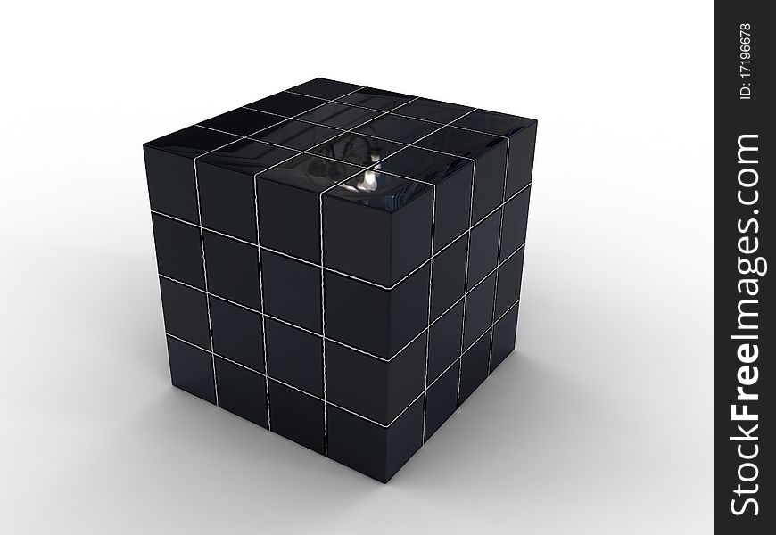 Black cube of black tiles on a white background