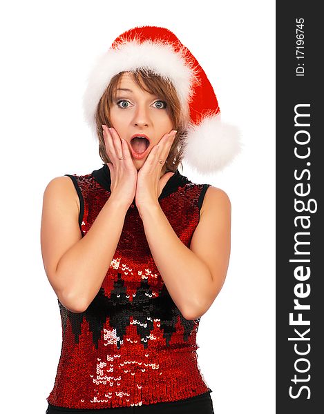 Portrait of a emotional beautiful christmas girl wearing Santa hat. Isolated on white background.