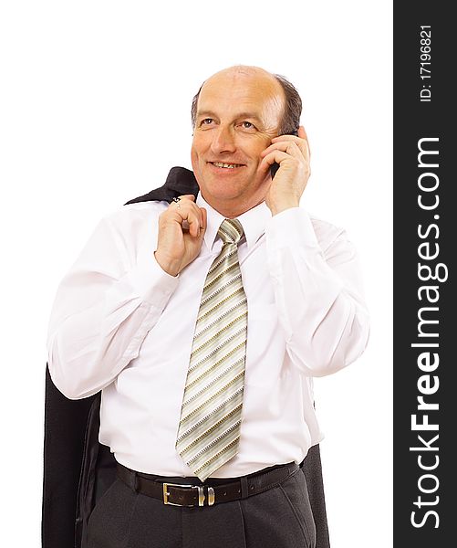 Portrait of casual businessman talking on mobile phone. Isolated on white.