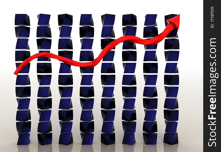 Schedule of decline of twisted cubes of blue and red arrows on the mirror surface