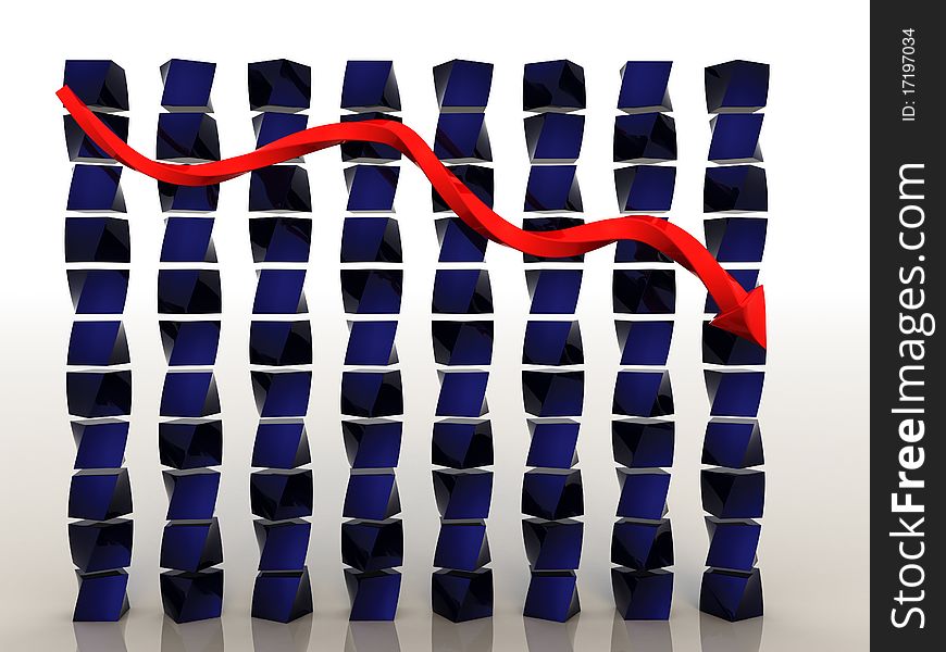 Schedule of decline of twisted cubes of blue and red arrows on the mirror surface. Schedule of decline of twisted cubes of blue and red arrows on the mirror surface