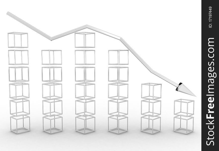 Graph of recession chrome edges of cubes and the red arrows on white background