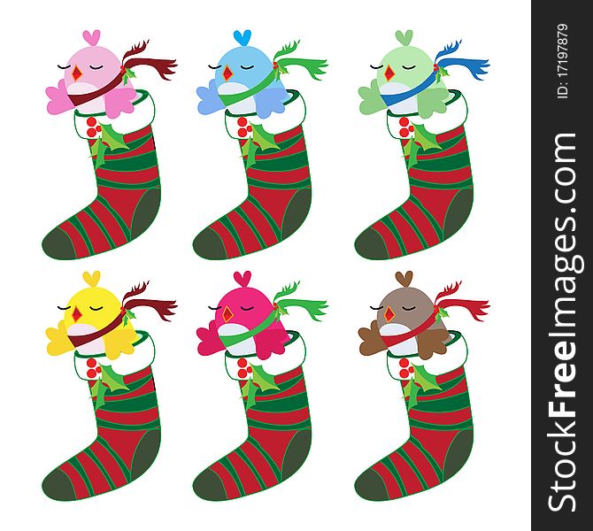 Christmas bird set in socks in different colors