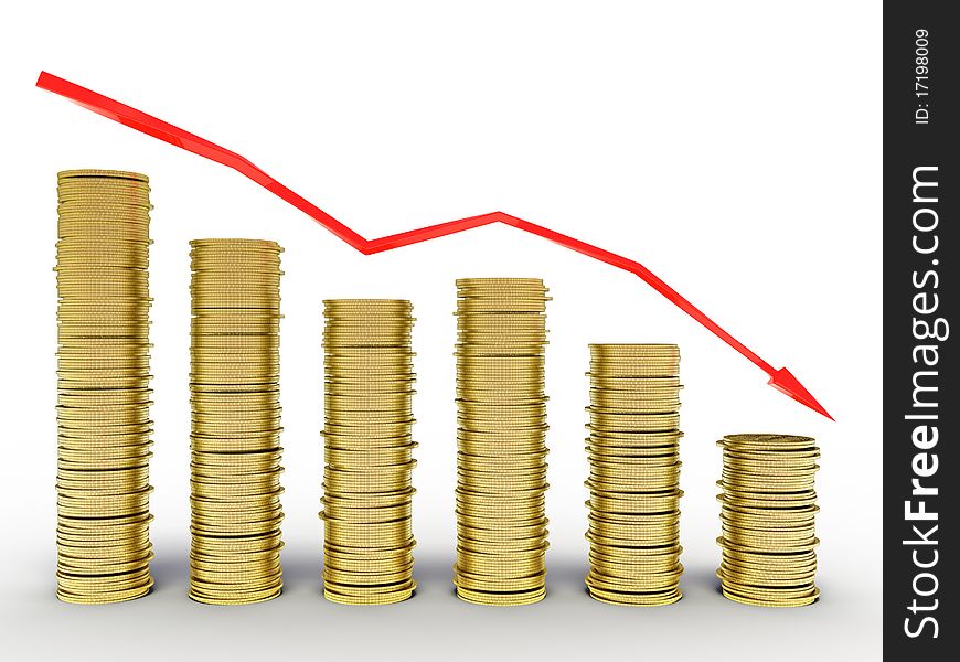 Schedule of decline of tangled red arrows and columns of coins