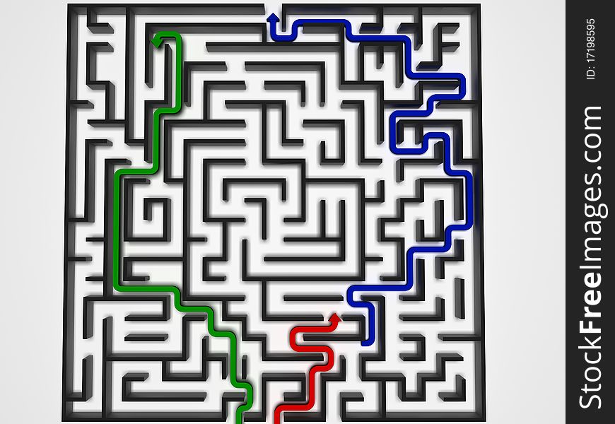 Black maze with red, blue and green arrow on a white background