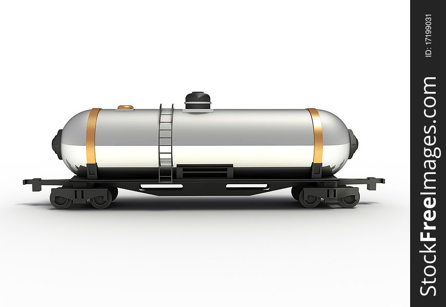 Metallic railway cistern with black wheels on a white background