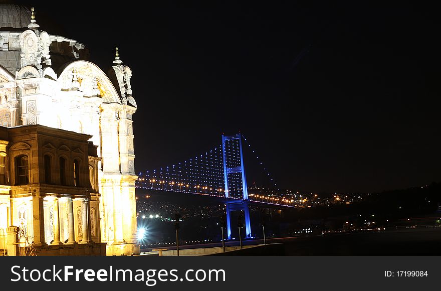 The Buyuk Mecidiye Mosque with Bosporus Birdge at night in istanbul. The Buyuk Mecidiye Mosque with Bosporus Birdge at night in istanbul.