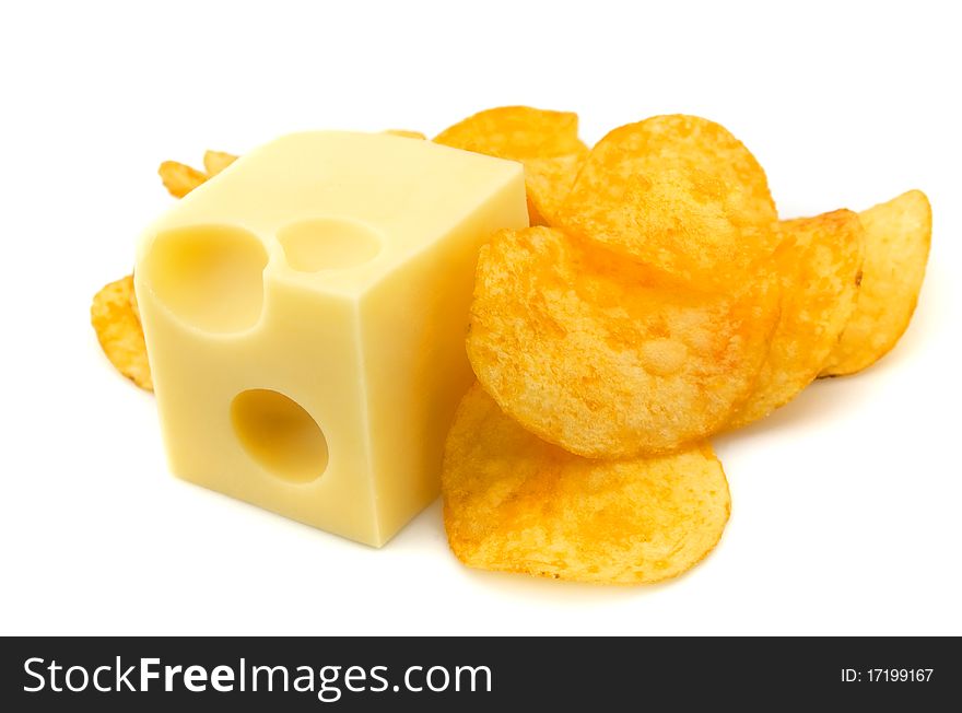 Piece of cheese and chips on a white background