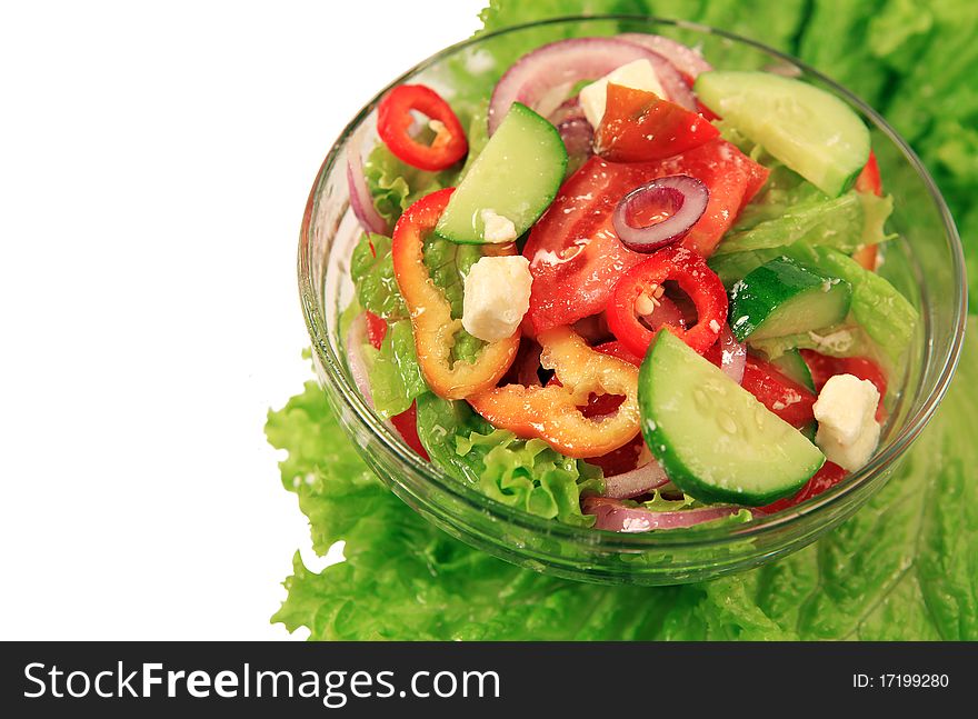 Close-up of greek salad isolated on white