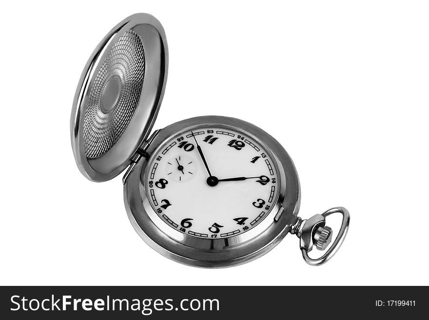 Old silver pocket watch isolated on white