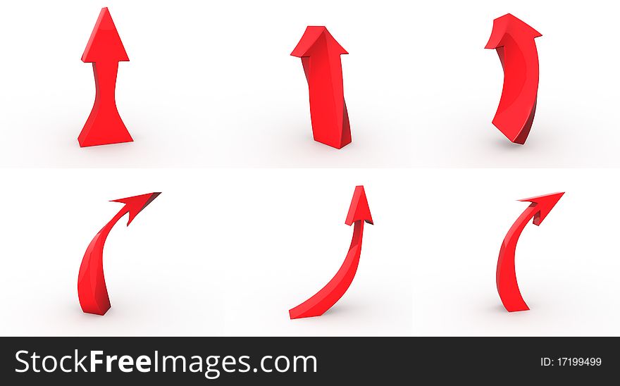 Six red plastic arrows on white background