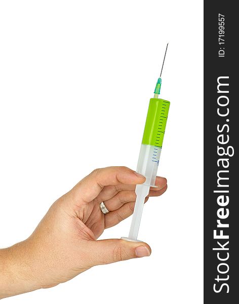 Hand hold disposable syringe with toxin  isolated on the white background