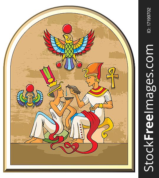 Stylized illustration of life in ancient Egypt, the pharaoh and the empress, papyrus background, symbols of falcon and scarab, vector. Stylized illustration of life in ancient Egypt, the pharaoh and the empress, papyrus background, symbols of falcon and scarab, vector