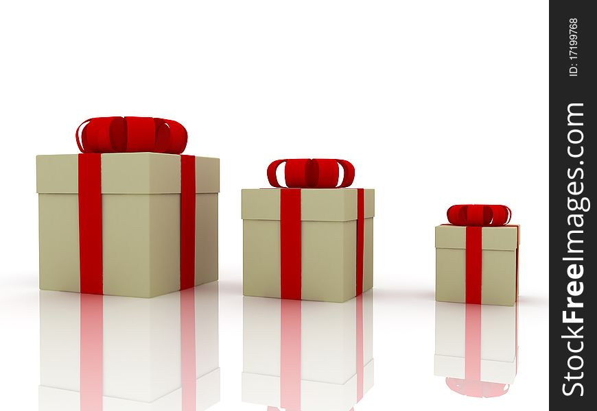 Three of the gift boxes wrap a red ribbon