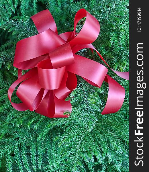 Big red holiday bow with green fern