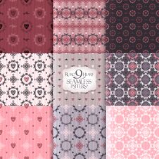 Set Of 9 Seamless Patterns With Hearts And Curls Ornaments, Vector Backgrounds Collection Royalty Free Stock Photography