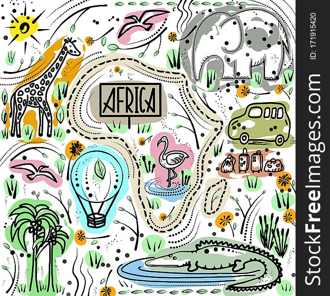 Travel to Africa. Animals painted by child. Safari Zoo park - kids sketchbook with doodles. Black outlines on white background