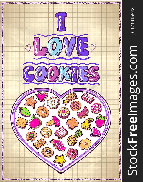 I love cookies poster, hand drawn illustration with heart shaped cookie box