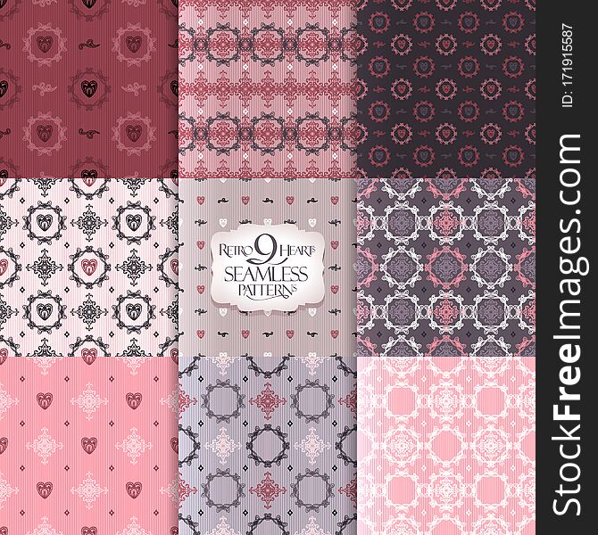 Set of 9 seamless patterns with hearts and curls ornaments, vector backgrounds collection