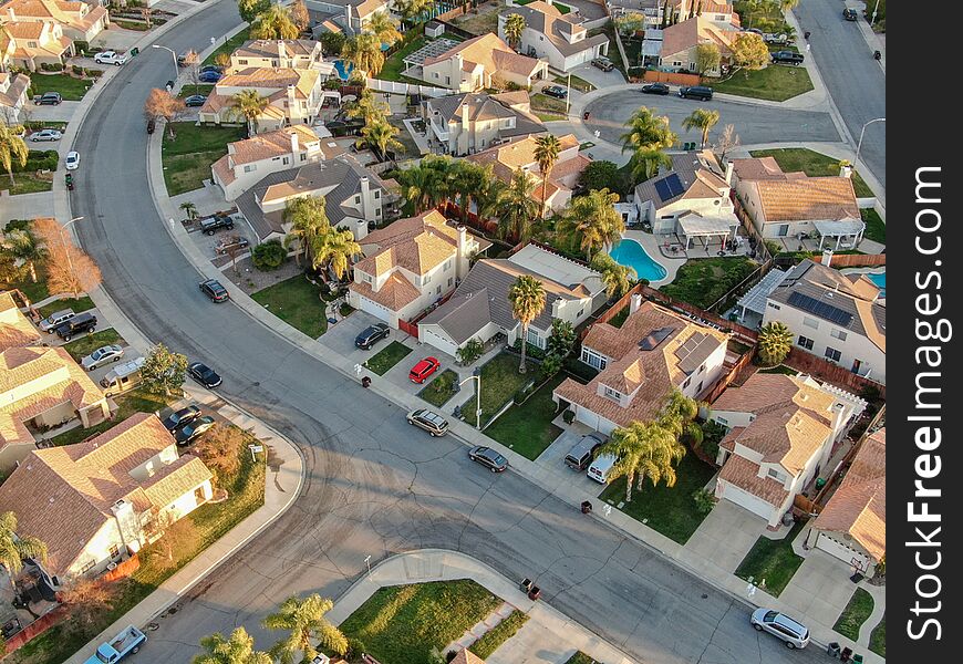 Aerial view of Menifee neighborhood, residential subdivision vila during sunset.