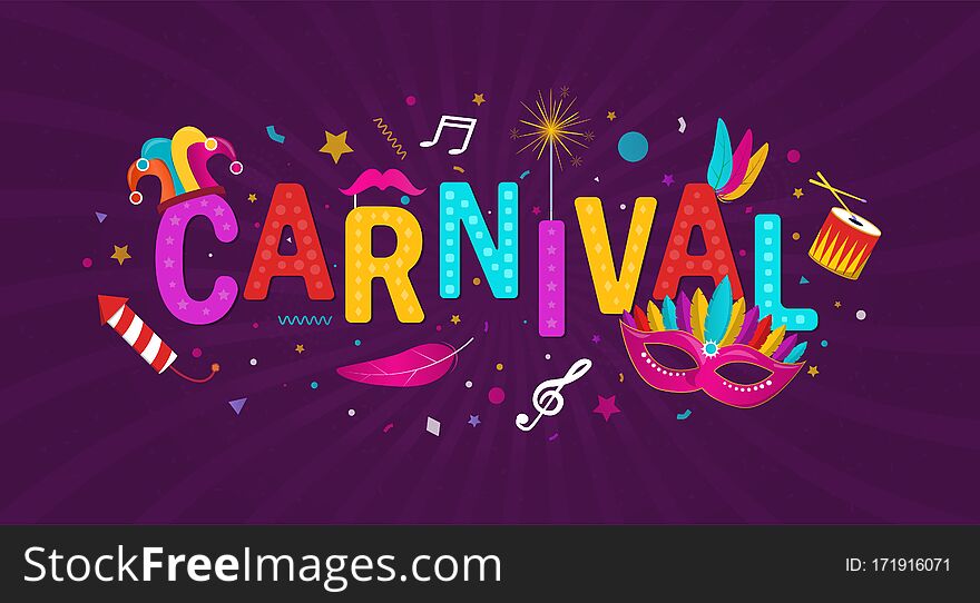 Colorful Carnival background banner with multicolored text surrounded by party accessories and firework on purple, vector illustration