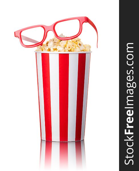Paper striped bucket with popcorn and 3D glasses isolated on white background