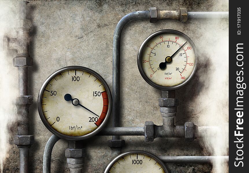 Old pressure meter and pipes with steam escaping. Composite image. Old pressure meter and pipes with steam escaping. Composite image.