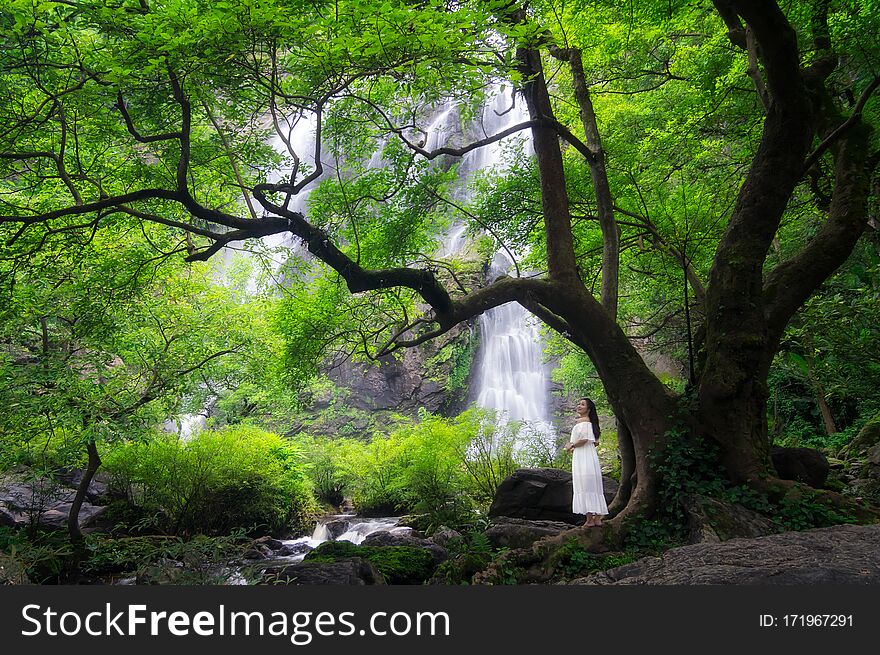 Women wearing white dresses standing under big tree with waterfall backdrop, Khlong Lan Waterfall was the last major waterfall Khlong Lan National Park, Kamphaeng Phet Thailand