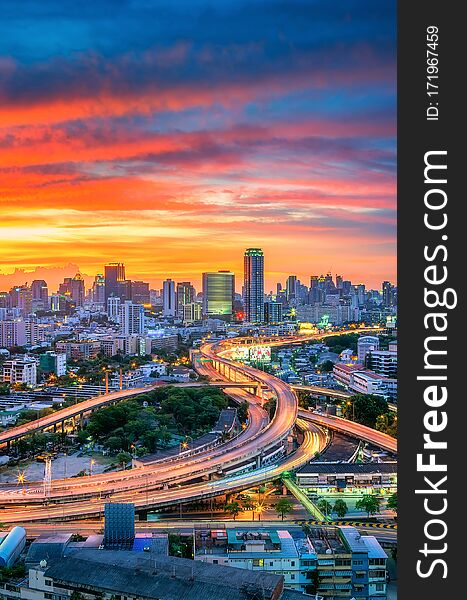 Landscape building modern business district of Bangkok Expressway in the foreground at sunset, Stunning sky. Landscape building modern business district of Bangkok Expressway in the foreground at sunset, Stunning sky