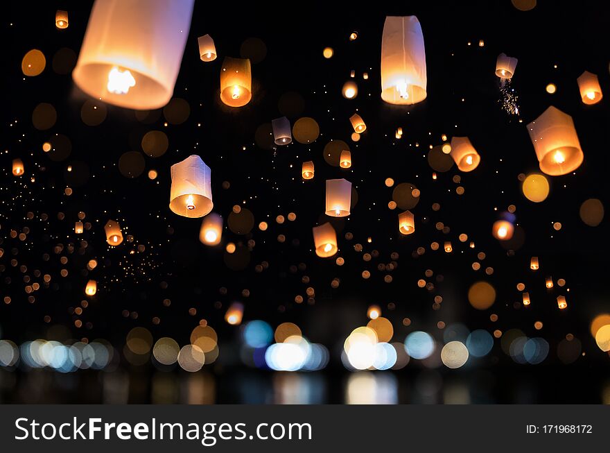 Loy krathong and Yi Peng Festival filled sky with lantern in Chiang Mai Thailand