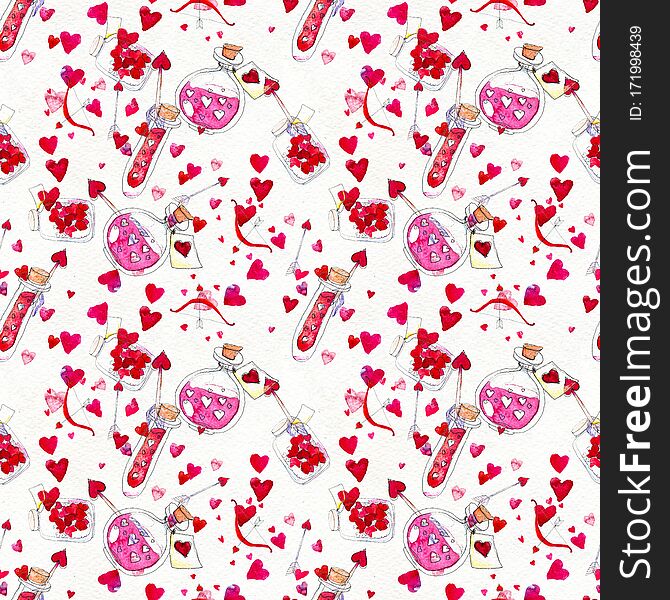 Happy Valentines Day. Seamless Pattern With Red Watercolor Hearts.