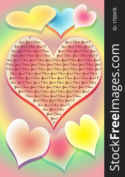 The stylized image of seven hearts on a multi-coloured background with an inscription I love you!