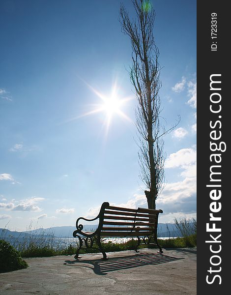 Wooden bench under the morning sun of spring. Wooden bench under the morning sun of spring