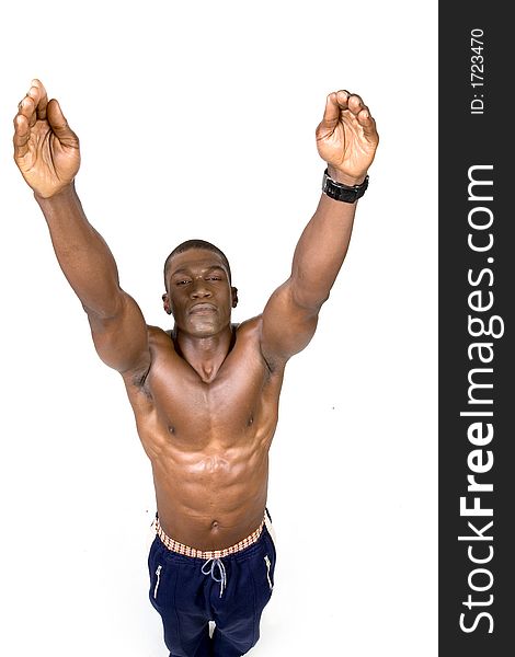 Muscular african american Athelete reaching up with close eyes. Muscular african american Athelete reaching up with close eyes