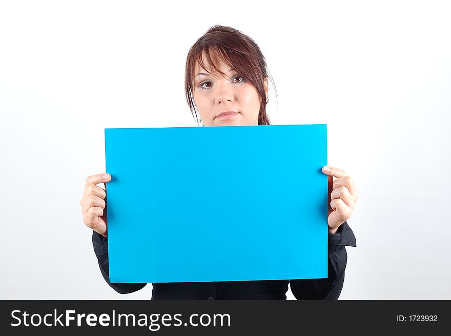 Attractive woman with blank paper on white background. Attractive woman with blank paper on white background