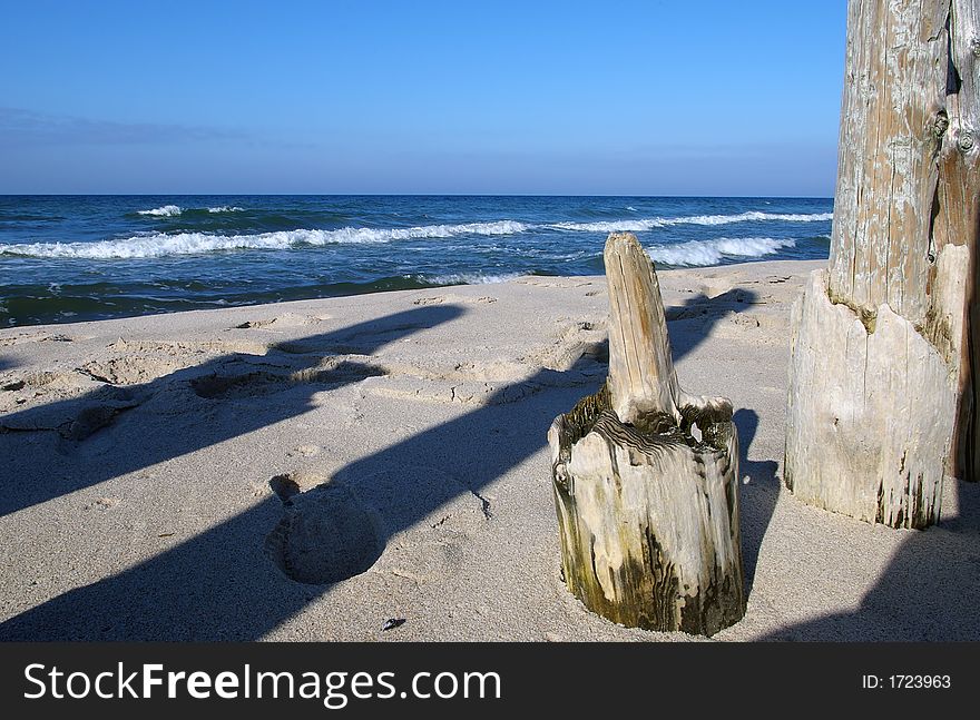 Baltic beach with remains of jetty.