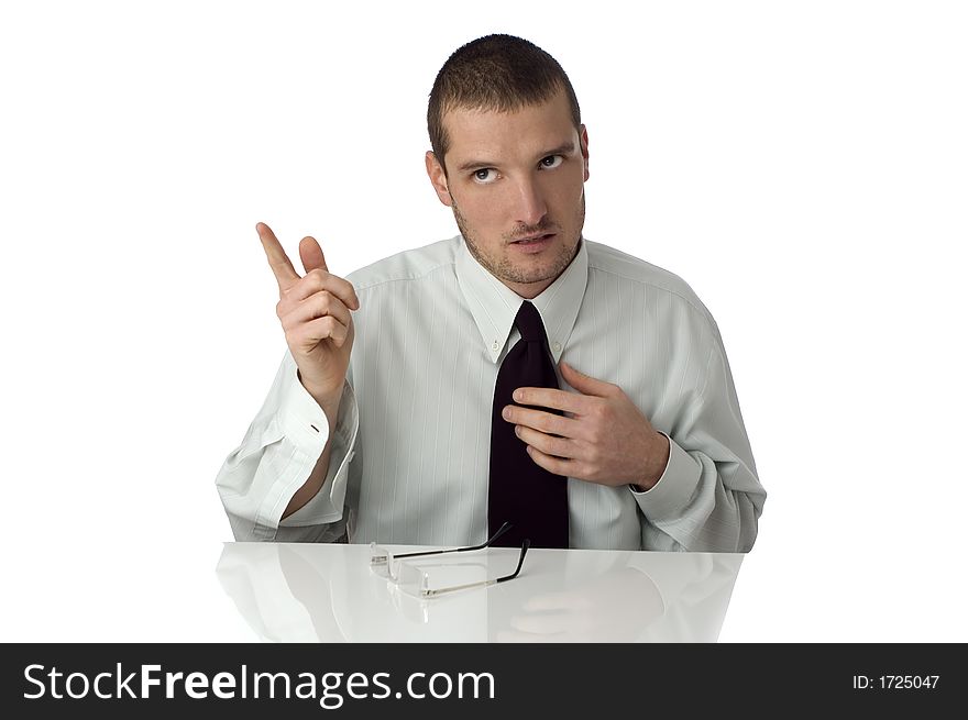 Business men pointing finger at someone on white