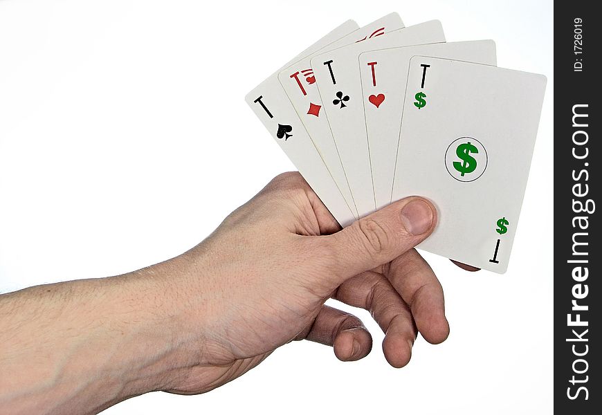 5 playing-cards in hand. 5 playing-cards in hand