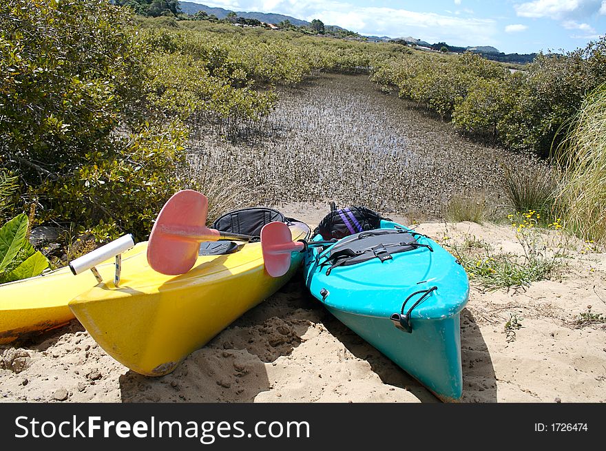 Two kayaks sitting on the shore of a swamp with the tide out. Two kayaks sitting on the shore of a swamp with the tide out.