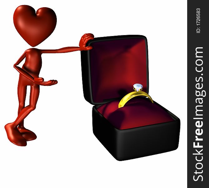 Valentine character standing next to an open ring box. Isolated on a white background. Valentine character standing next to an open ring box. Isolated on a white background.